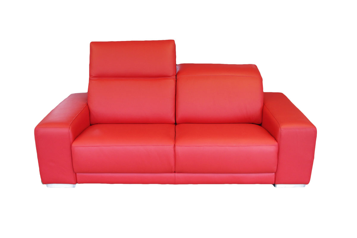 Domino - nowoczesna sofa skórzana w kolorze czerwonym, intensywna barwa czerwieni, dwuosobowa sofa do salonu, podnoszone zagłówki