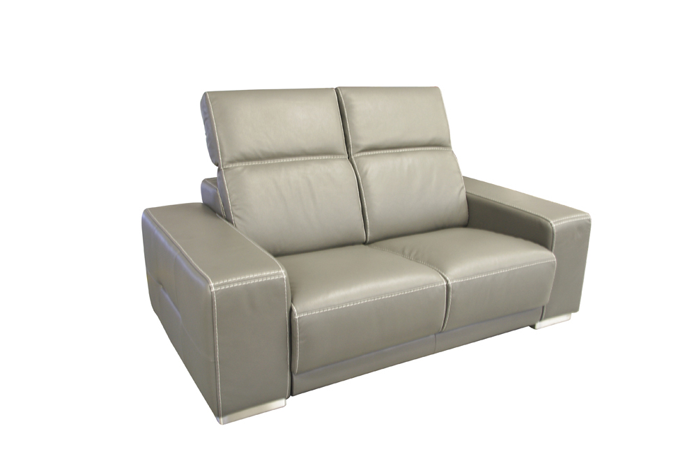 Domino - sofa skórzana, kolor szary, dwuosobowa, z zagłówkami regulowanymi i grubymi masywnymi bokami