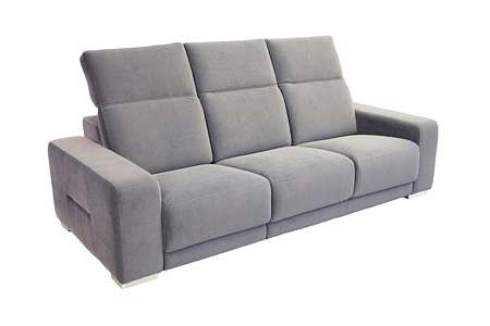 Domino - szara sofa do salonu tapicerowana tkaniną, podnoszone zagłówki