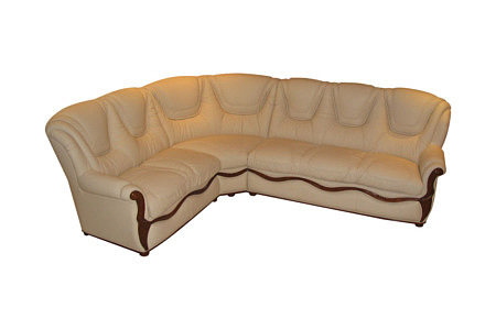 Innes stylowa sofa narożnik z elementami z drewna kremowa