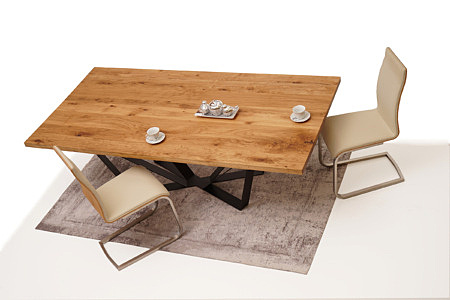 Paola propozycja urządzenia nowoczesnego salonu stół dębowy z litego drewna krzesła metalowe z tapicerowanym siedziskiem i oparciem