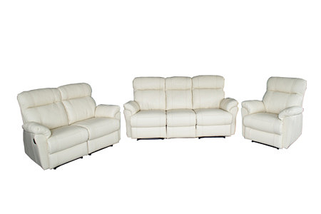 Komplet mebli wypoczynkowych - sofa skórzana biała 3-osobowa, fotele z relaxem