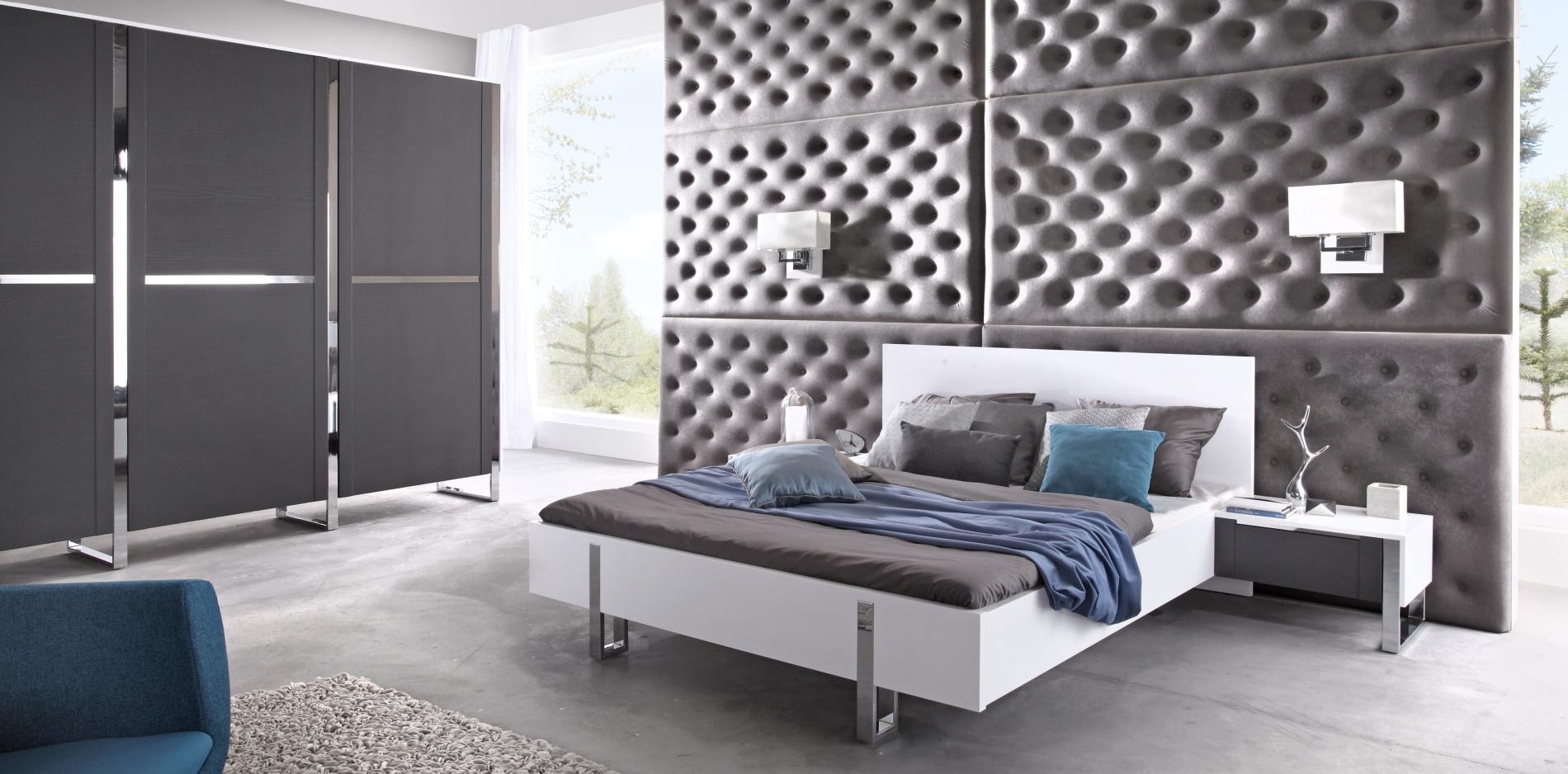 Artvision komplet mebli do sypialni szara ściana białe łóżko szara szafa