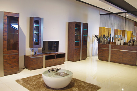 Kolekcja salon Madera pokój dzienny meble z naturalnej okleiny heban fronty ze wstawkami z metalu elementy dekoracyjne metalowe
