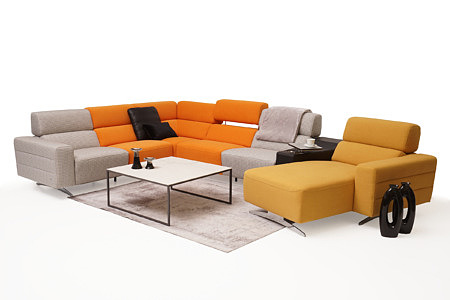 Infinity pomysł na salon z kolorówą sofą kolor szary pomarańczowy żółty