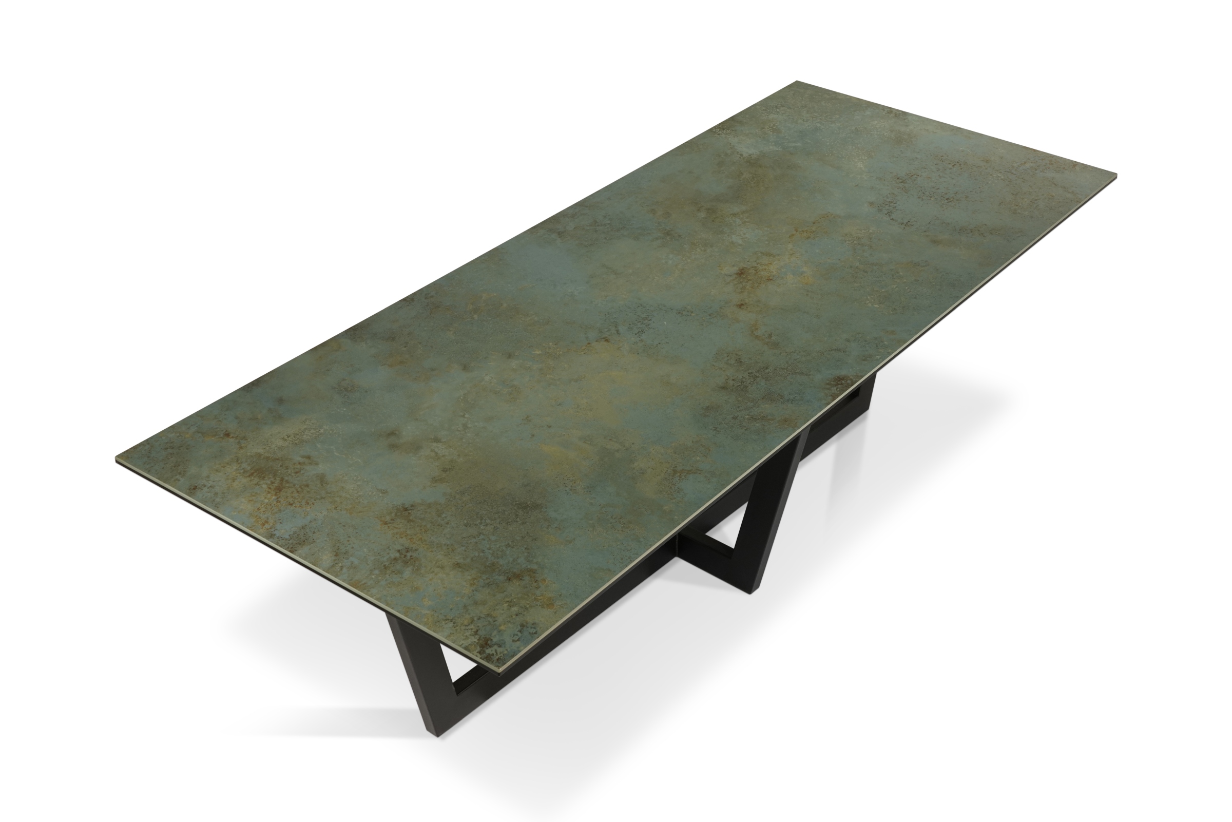 Nierozkładany stół z zielonego spieku kwarcowego do dużej nowoczesej jadalni. Na czarnej podstawie malowanej proszkowo.