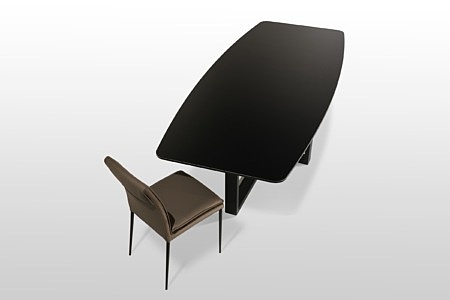 Stół w kształcie beczki z blatem ze spieku kwarcowego w czarnym matowym kolorze na metalowej czarnej ramie