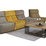Viva - nowoczesna sofa modułowa skomponowana z trzech foteli, każdy w innym kolorze, tkanina jodełka (beżowy, szary, czarny, żółty), tkanina jednolita - żółta, pomarańczowa, beżowa, brązowa, beżowo-żółta