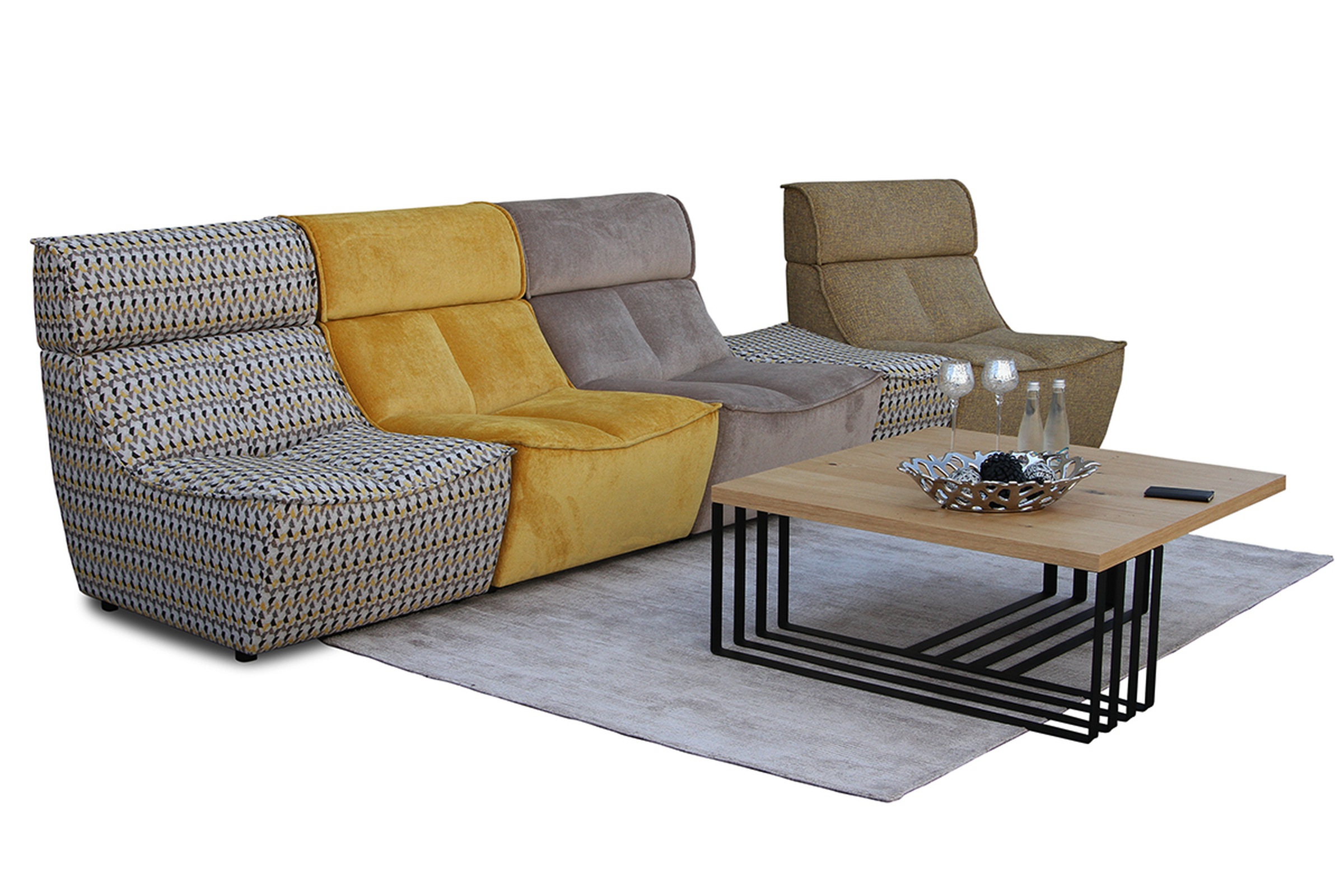 Viva - sofa modułowa z barwną, niejednolitą tapicerką, do tworzenia indywidualnych kompozycji kolorystycznych sofy