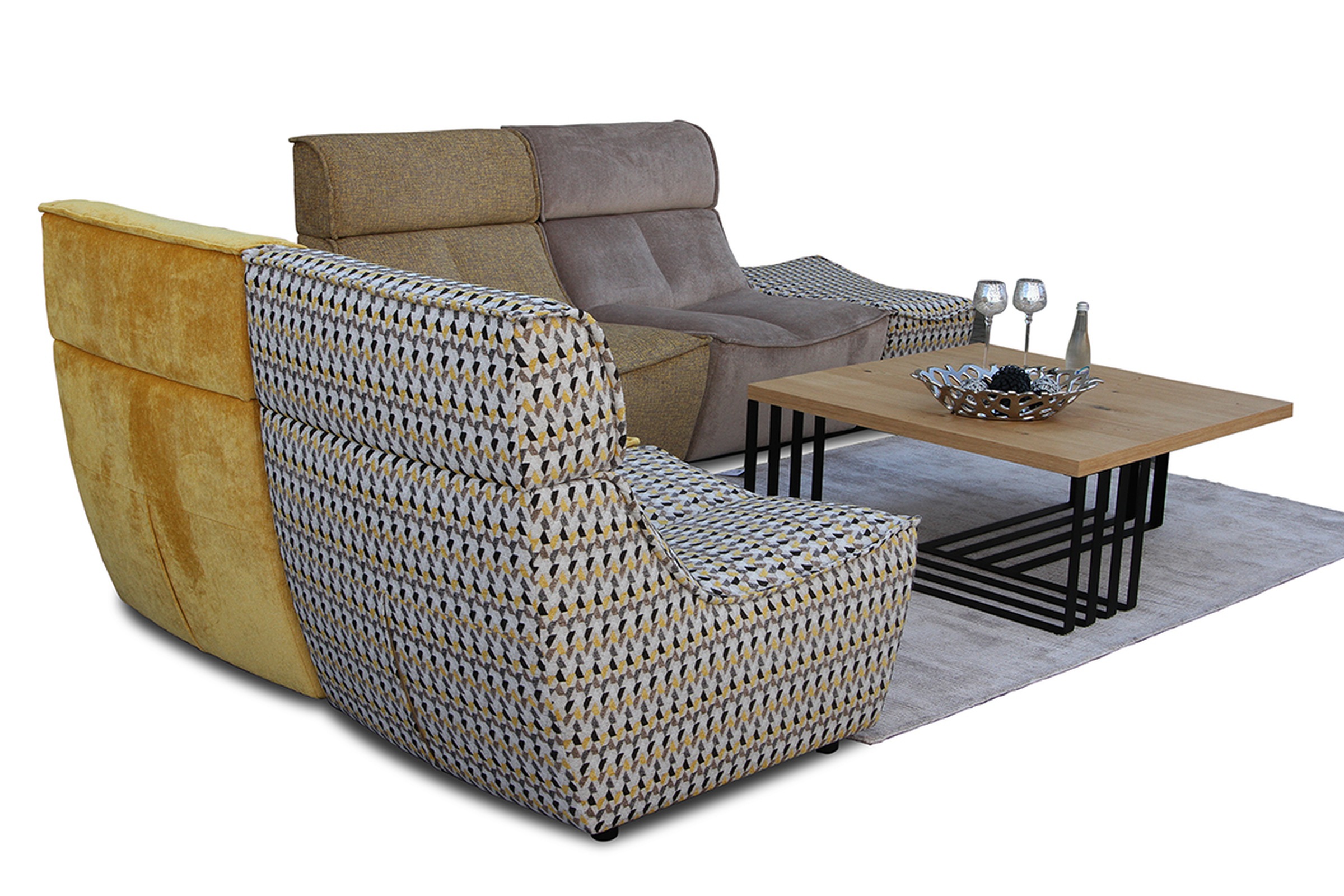 Viva - sofa modułowa tapicerowana w orginalnej tkaninie, możliwość postawienia na środku pokoju, tapicerowanie i wykończenie z każdej strony