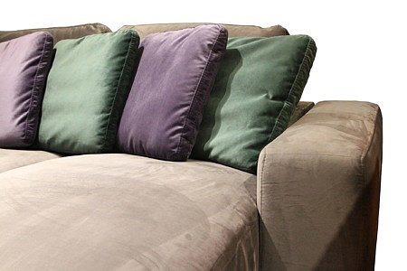Flavio - kolorówe poduszki na oparciu brązowego narożnika do salonu tapicerowanego tkaniną, poduszki fioletowe, zielone, kolor butelkowa zieleń 111