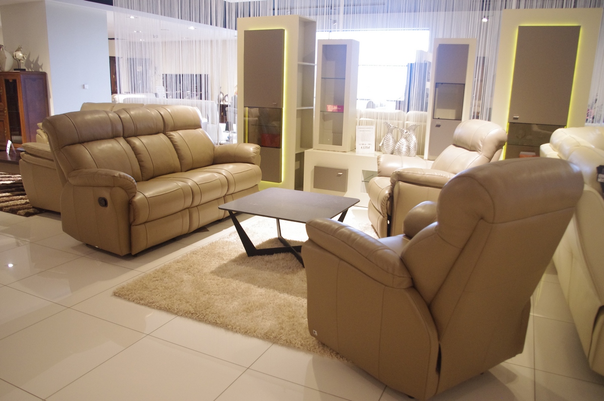 Relax III - komplet wypoczynkowy skórzany, brązowy, funkcja relaks w sofie i fotelach