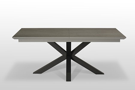 Rozkładany stół do nowoczesnego salonu ze spiekowym blatem na metalowej czarnej nodze malowanej proszkowo