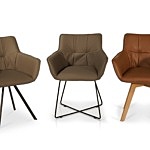 Fotele kubełkowe z wysokimi podłokietnikami w odcieniach brązu na metalowych nogach, metalowych płozach lub na drewnianych nogach z mozliwością wyboru.