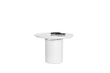 Okrągły biały stół ze spiekiem kwarcowym rozkładany z 4 wkładkami po 50cm