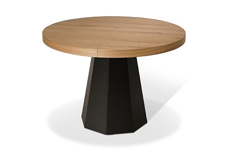 Okrągły stół z naturalnego dębowego forniru na jednej czarnej stożkowej nodze. Stół z możliwością rozłożenia.