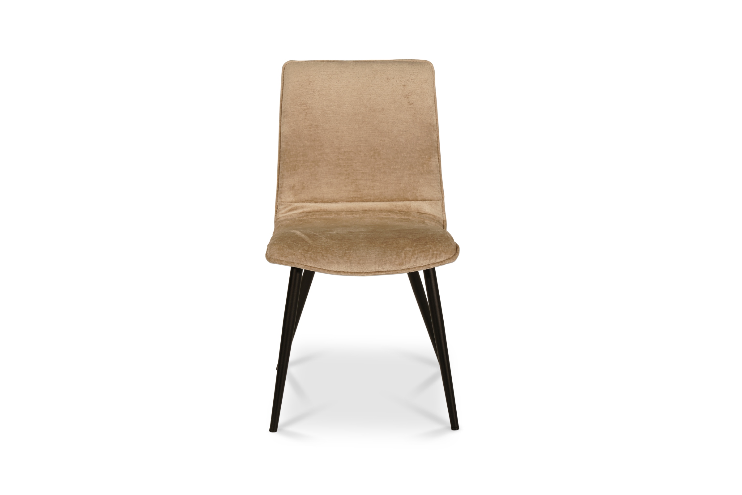 Profilowane krzesło na metalowych nogach wykonane z jasnej tkaniny