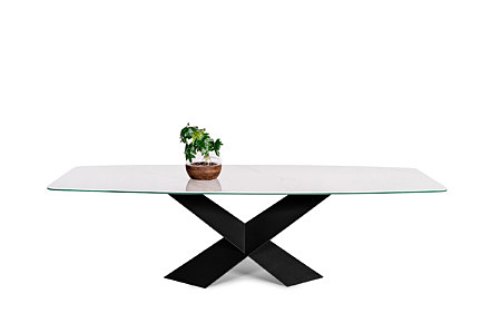 Piękny stół z białym blatem na czarnej nodze metalowej, spiek kwarcowy Assoluto Bianco mat - Laminam - oryginal