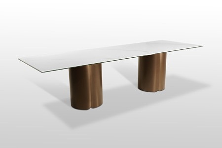 Stół Nierozkładany z blatem spiekowym na dwóch szerokich kolumnach w brązowym kolorze — kopia