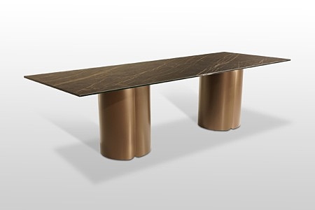 Stół nierozkładany z blatem ze spieku kwarcowego na dwóch metalowych brązowych nogach . TC Meble Dobrodzień — kopia